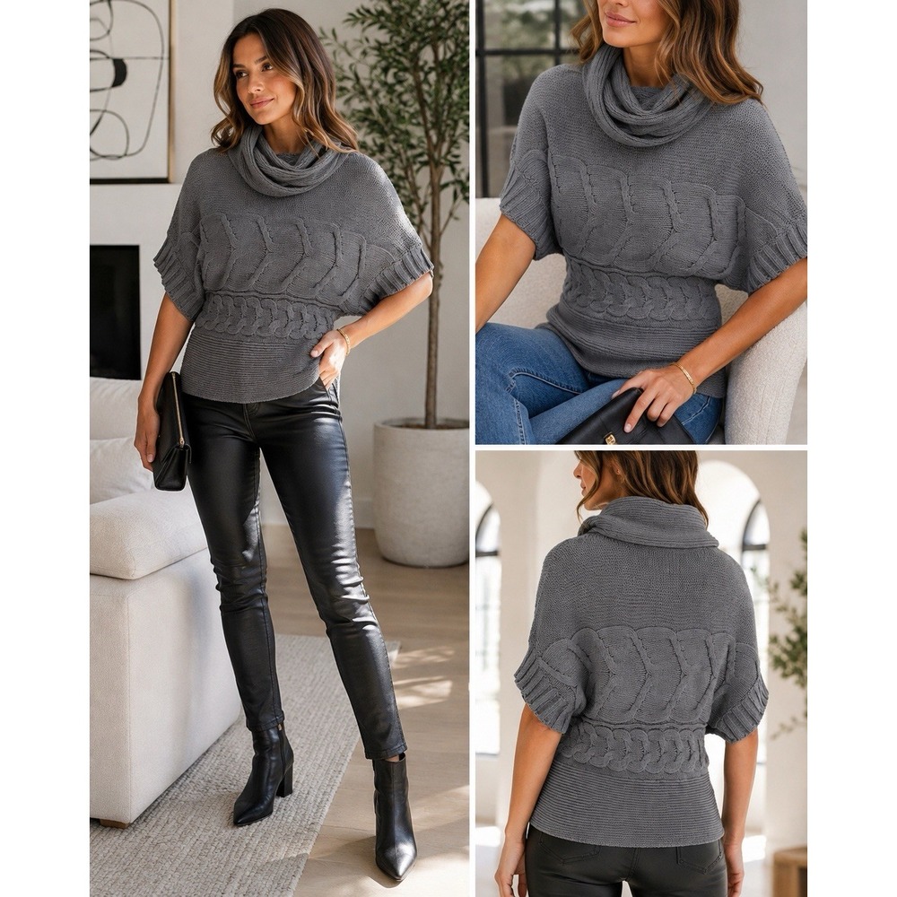 BCBGeneration Cable Knit Poncho Sweater Women S Gray Cowl Neck Dolman Chunky 🩶
